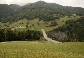Bridge over Tamina Gorge, ragaz, route, bridge, tamina, mountains, bad, pasture, switzerland, alps, fields, road, gorge, scenery