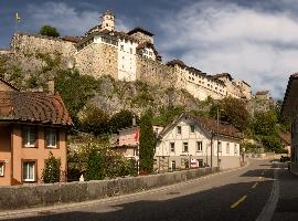 Aarburg from street level showing the castle and traditional buildings, Canton of Aargau, castle, townscape, landscape, europe, switzerland, solothurn, zofingen, aargau, aarburg