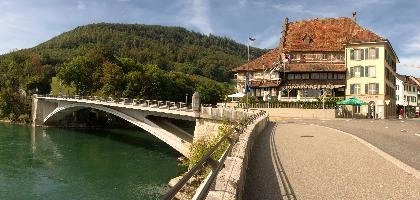 Road bridge over the Aare and restaurant , zofingen, bridge, townscape, europe, crossing, switzerland, aargau, road, aarburg, solothurn, street, castle, landscape, aare, river