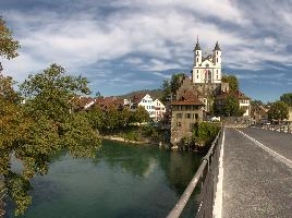 The river Aare and Evangelical church in Aarburg, Canton of Aargau, church, castle, townscape, landscape, europe, switzerland, solothurn, zofingen, aargau, towers, aarburg, evangelical