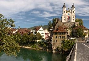 The river Aare and Evangelical church in Aarburg, Canton of Aargau, church, castle, townscape, landscape, europe, switzerland, solothurn, zofingen, aargau, towers, aarburg, evangelical
