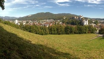 Panoramic view of Aarburg showing the castle and Evangelical church, Canton of Aargau, rural, townscape, panorama, landscape, europe, switzerland, solothurn, zofingen, aargau, castle, aarburg, countryside