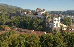 Aarburg, Canton of Aargau, showing the castle and Evangelical church, church, castle, townscape, landscape, europe, switzerland, solothurn, zofingen, aargau, towers, aarburg, evangelical