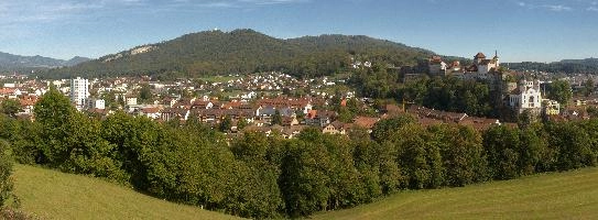 Panoramic view of Aarburg, Canton of Aargau, showing castle and church, rural, townscape, panorama, landscape, europe, switzerland, solothurn, zofingen, aargau, castle, aarburg, countryside