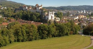 Panoramic view of Aarburg, Canton of Aargau, showing the castle and church, rural, townscape, panorama, landscape, europe, switzerland, towers, solothurn, evangelical, zofingen, church, aargau, castle, aarburg, countryside