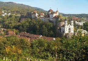Aarburg castle and Evangelical church, Canton of Aargau, church, castle, townscape, landscape, europe, switzerland, solothurn, zofingen, aargau, towers, aarburg, evangelical