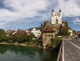 River Aare and the Evangelical church in Aarburg, Canton of Aargau, church, castle, townscape, landscape, europe, switzerland, solothurn, zofingen, aargau, towers, aarburg, evangelical