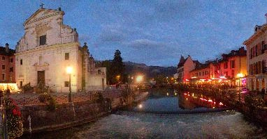 Annecy in Savoie, Annecy, europe, france, haute-savoie, café, waterfront, restaurant, thiou, river, town, outdoors, church, evening, dusk, lights, weir