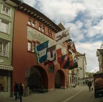Appenzell, stadt, rural, switzerland, street, outdoors, quaint, town, urban, appenzell, autumn, painted, hostory, flags, daylight, swiss, building, tourism, historic, arches