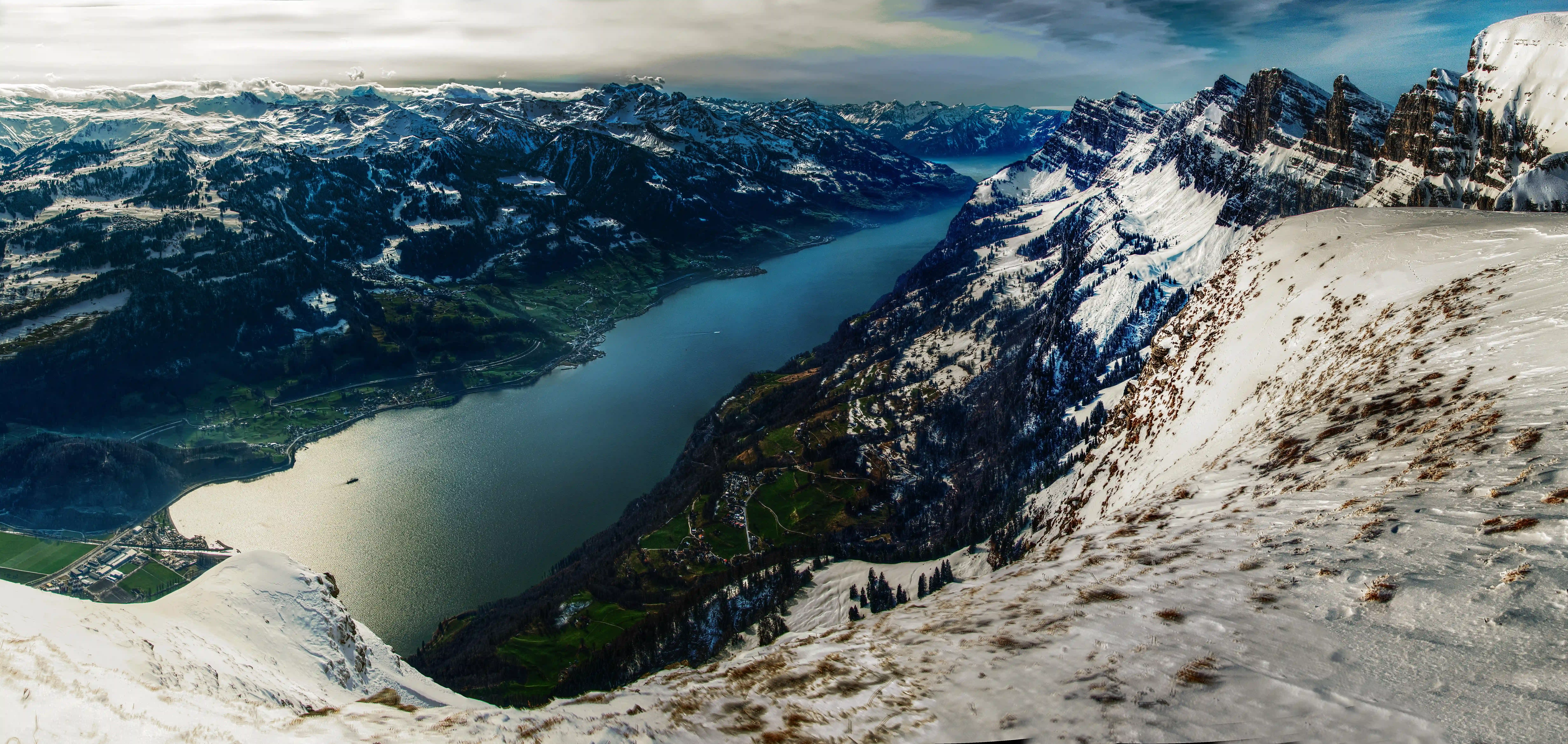The Walensee seen from Chäserugg, Switzerland, swiss, walen, walensee, alpine, frozen, mountains, switzerland, winter, europe, rock, alps, view, reflection, horizon, scenery, lake, toggenburg, ice, snow, blue, clouds