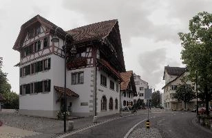 Half-timbered town house in Baar, Switzerland, caves, traditional, building, street, exterior, town, outdoors, facade, summer, exterior, höllgrotten, roof, baar, half-timbered, switzerland, walls, europe, rural