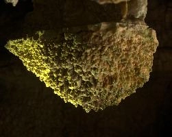 Höllgrotten Cave: Calcite formations clearly showing the old waterline from before the opening of the caves, under a pink-tinted rock ceiling, alps, flow, underground, tiers, calcite, baar, formation, höllgrotten, stone, yellow, material, cream, rock, nature, cave, geology, speleology, color, drop, subterranean, switzerland, european, stalactite