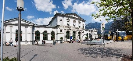 Bad Ragaz train station, Switzerland, europe, switzerland, bad, ragaz, train, station, white, building, summer, sunshine, bus-stop
