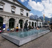 Bad Ragaz train station, Switzerland, bad, building, bus-stop, europe, ragaz, station, summer, sunshine, switzerland, train, white, fountain, statue