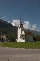 Chapel with pointed steeple in Bad Ragaz, Switzerland, white, roadside, steeple, church, chapel, summer, bad ragaz, outdoors, mountains, building, alps, exterior, switzerland, christianity, europe, religion
