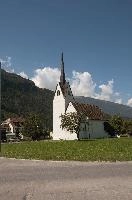 Chapel with pointed steeple in Bad Ragaz, Switzerland, white, roadside, steeple, church, chapel, summer, bad ragaz, outdoors, mountains, building, alps, exterior, switzerland, christianity, europe, religion