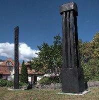 Artwork on the streets of Bad Ragartz during the 2018 Bad Ragartz quadrennial, bad, display, outdoor, open-air-festival, sunshine, street, daylight, artwork, mountains, art, alpine, abstract, alps, wooden, tower, outdoors, sculpture, piece, swiss, ragartz, black, switzerland, ragaz, public