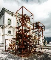 Abstract sculpture in Bad Ragartz, badragaz, bad ragaz, rusted, sculpture, railway, machinery, station, switzerland, red, europe, steampunk, grisons, framework, public, display, ragartz, art, ironwork, iron, town, street