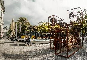 Abstract sculpture in Bad Ragartz, badragaz, bad ragaz, rusted, sculpture, railway, machinery, station, switzerland, red, europe, steampunk, grisons, framework, public, display, ragartz, art, ironwork, iron, town, street