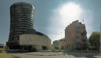 "Rocket silo" building in Basel, tower, urban, swiss, international, grey, bank, basel, europe, bis, sky, ugly, city, sunshine, blue, switzerland, settlements, cylinder, round, banking, architecture