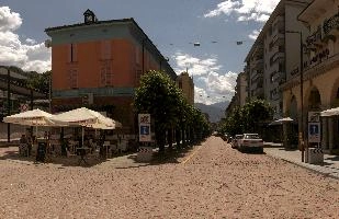 Open-air cafe and buildings in station area, Bellinzona in Grisons, street, italian, europe, switzerland, grisons, sunlight, bellinzona, summer, station, town, buildings, avenue, café, paved, open-air, diners