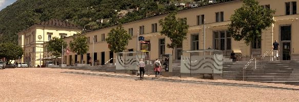 Main station building in Bellinzona, Switzerland, square, piazza, station, railway, urban, town, bellinzona, sunshine, grisons, outdoors, switzerland, facade, europe, exterior