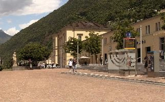 Main station building in Bellinzona, Switzerland, urban, grisons, switzerland, town, piazza, outdoors, facade, railway, station, exterior, bellinzona, sunshine, europe, square