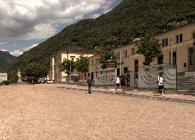 Main station building in Bellinzona, Switzerland, urban, grisons, switzerland, town, piazza, outdoors, facade, railway, station, exterior, bellinzona, sunshine, europe, square