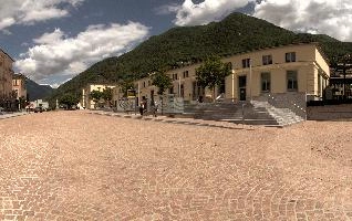 Main station building in Bellinzona, Switzerland, urban, grisons, switzerland, town, piazza, outdoors, facade, railway, station, exterior, bellinzona, sunshine, europe, square
