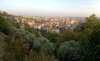 Bergamo seen from Citta Alta, cityscape, panorama, high, old, mediterranean, urban, sprawl, town, haze, europe, city, lombardy, rooftops, italy, view, bergamo, horizon