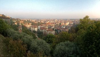 Bergamo seen from Citta Alta, cityscape, panorama, high, old, mediterranean, urban, sprawl, town, haze, europe, city, lombardy, rooftops, italy, view, bergamo, horizon