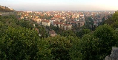 Bergamo seen from the High Town, cityscape, panorama, high, old, mediterranean, urban, sprawl, town, haze, europe, city, lombardy, rooftops, italy, view, bergamo, horizon