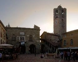 Piazza Vecchia Bergamo Alta showing the Campanone, mediterranean, city, old, urban, town, europe, lombardy, italy, bergamo