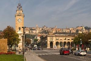 Bergamo in Lombardy, showing the Torre dei Caduti and High Town, lombardy, torre dei caduti, tower, urban, stone, town, italy, high, bergamo, mediterranean, europe, street, city, old, culture, centre