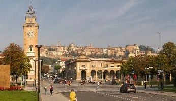 Bergamo showing the Torre dei Caduti and High Town, lombardy, torre dei caduti, tower, urban, stone, town, italy, high, bergamo, mediterranean, europe, street, city, old, culture, centre
