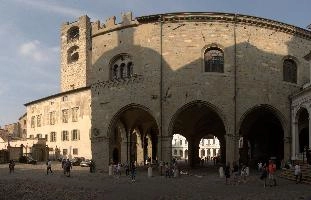 Arches of the Palazzo della Ragione in Bergamo showing the Campanone on the left, mediterranean, city, old, urban, town, europe, lombardy, italy, bergamo