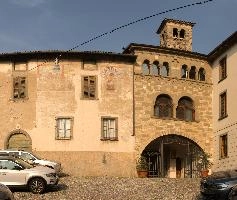 Courtyard with frescoes in the High Town of Bergamo, Lombardy, mediterranean, city, old, urban, town, europe, lombardy, italy, bergamo