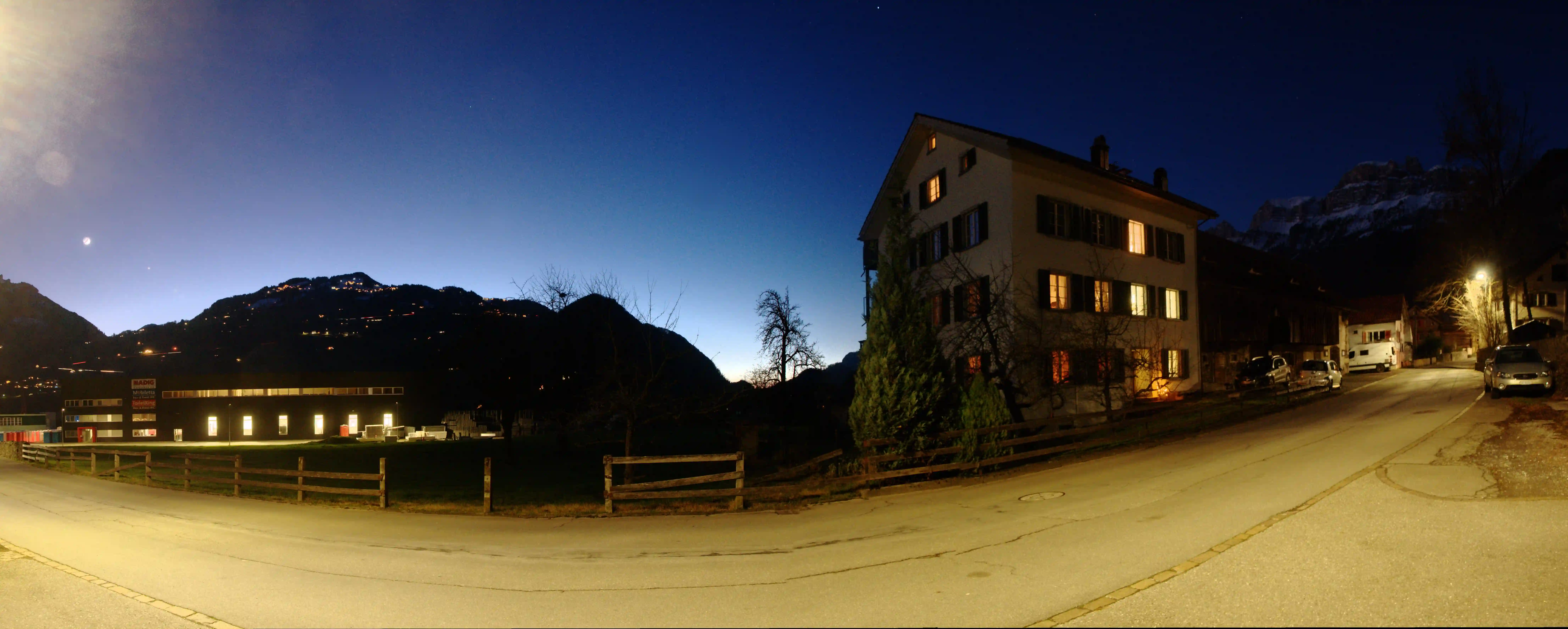 Berschis in the Evening, summer, windows, building, village, dark, berschis, switzerland, lights, europe, outdoors, walenstadt, night, dusk, road, house, street, sky, evening