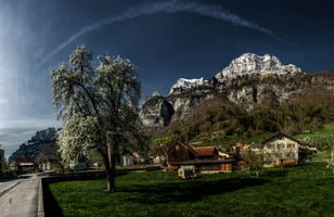   Elliott Bignell, switzerland, sankt, gallen, walenstadt, churfirsten, snow, spring, landscape, countryside, barn, field, mountain, alps, outdoors, road, tree, rural
