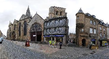 Cathedral area of Guingamp, capital of Brittany, France, christian, mediaeval, church, old, cathedral, slate, building, cobbles, urban, bretagne, architecture, breton, granite, city, arches, stone, town, towers, brittany, outdoors, ornate, france, religion, grand