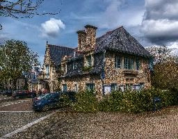 Centre of Belle-Isle-en-Terre, a picturesque Breton village, stone, cobbled, centre, public, rural, square, town, rooves, village, slate, breton, côtes-darmor, brittany, belle-isle-en-terre, bretagne, quaint, french, traditional, france, old