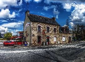 Le Lapin Rouge, bar-restaurant in Guingamp, Brittany, red, roadside, rouge, rural, lapin, traditional, rue du marechal foch, granite, bretagne, house, brittany, stone, breton, building, guingamp, rabbit, outdoors, french, restaurant, clouds, france, bar, blue sky