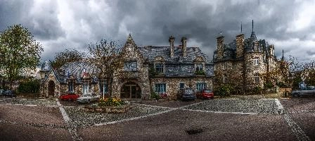Centre of Belle-Isle-en-Terre, a picturesque Breton village, stone, cobbled, centre, public, rural, square, town, rooves, village, slate, breton, côtes-darmor, brittany, belle-isle-en-terre, bretagne, quaint, french, traditional, france, old