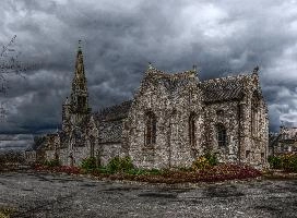 Plougonver Church, Brittany, religion, summer, catholic, cloudy, chapel, outdoors, church, belltower, village, tower, french, ornate, breton, granite, bretagne, stone, brittany, rural, france, christian, daylight