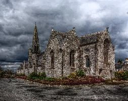 Plougonver Church, Brittany, religion, summer, catholic, cloudy, chapel, outdoors, church, belltower, village, tower, french, ornate, breton, granite, bretagne, stone, brittany, rural, france, christian, daylight