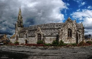 Plougonver Church, Brittany, religion, summer, catholic, cloudy, chapel, outdoors, church, belltower, village, tower, french, ornate, breton, granite, bretagne, stone, brittany, rural, france, christian, daylight
