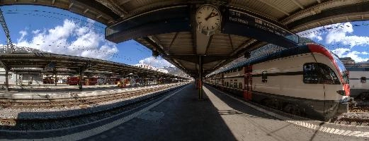 Chur Bahnhof, graubünden, train, station, bahnhof, blue sky, chur, swiss, travel, switzerland, sunny, graubuenden, sbb, tracks, paving, platform, railway, white, red