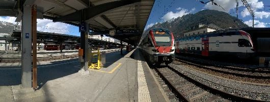 Chur Bahnhof, graubünden, train, station, bahnhof, blue sky, chur, swiss, travel, switzerland, sunny, graubuenden, sbb, tracks, paving, platform, railway, white, red