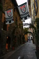 Street scene in Como, europe, italy, como, alley, street, flags, walls
