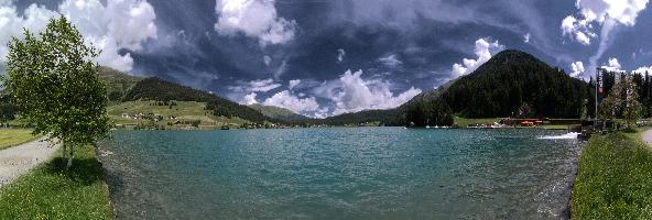 Davosersee, davosersee, grisons, europe, switzerland, famous, alps, tourism, lake, artificial, davos, summer, mountains, recreation, bank, boating, sky, scenery, graubünden, swiss, village, concrete, clouds, blue